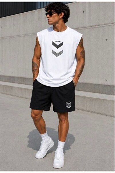 ALCİNOUS Men's Printed Sleeveless Sports T-Shirt Black Combed Cotton Shorts 2...