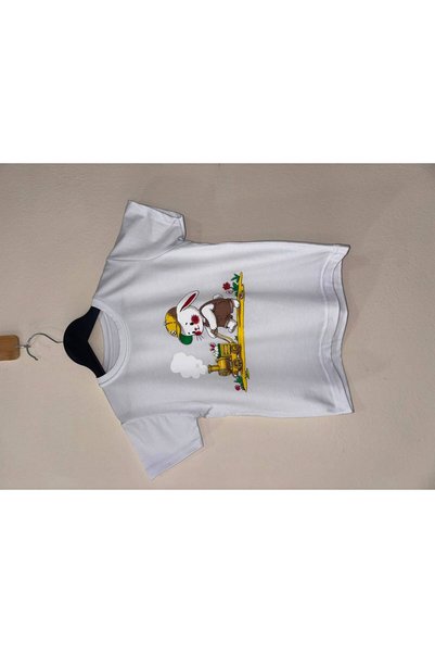 ecrin kids Çocuk Beyaz Tavşan ve Tren Baskılı Pamuklu Kısa Kollu Tişört