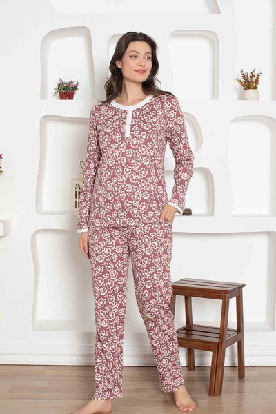 ALİMER Women's Flower Pattern Crew Neck 3 Button 100% Cotton Combed Thin Summ...