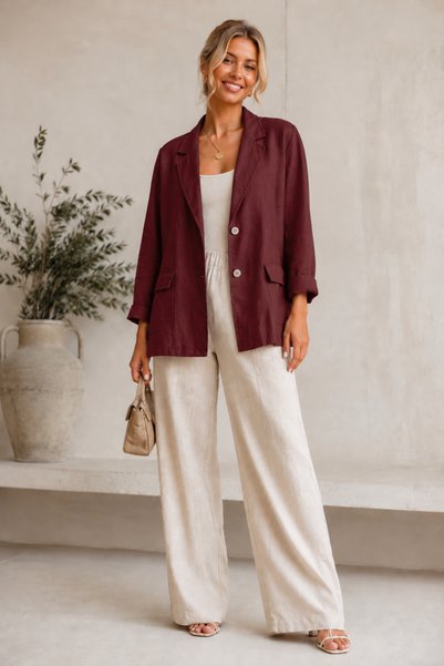 günay boutıque Bordo Ham Keten Oversize Blazer Ceket | Rahat Kalıp