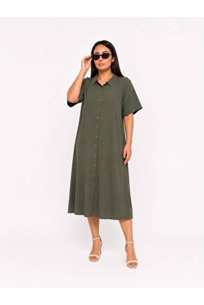 ELSEBUTİKTR Women's Plus Size Khaki Cotton Viscose Midi Oversize Loose Cut Sh...