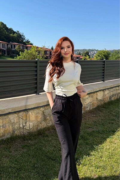 ayşenur Dinçer butik Yüksek Bel Keten Pantolon Siyah
