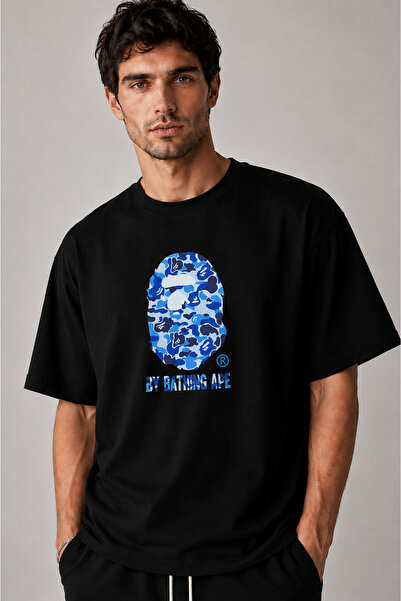 THE RULE Unisex Bathing Ape plava majica sa širokim krojem, 100% pamuk, tekst...