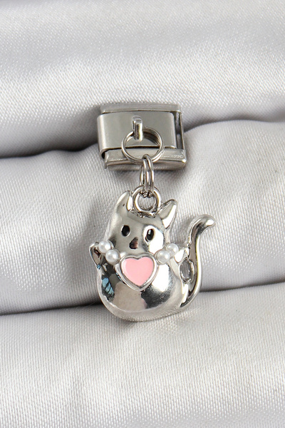 ARMÜZ 316L Steel Dangle Heart Detailed Cat Model Silver Color Nomination Charm