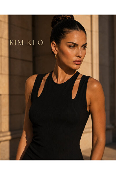 KİM Kİ O Women's Black Off-The-Shoulder Backless Ribbed Bodycon Midi Dress