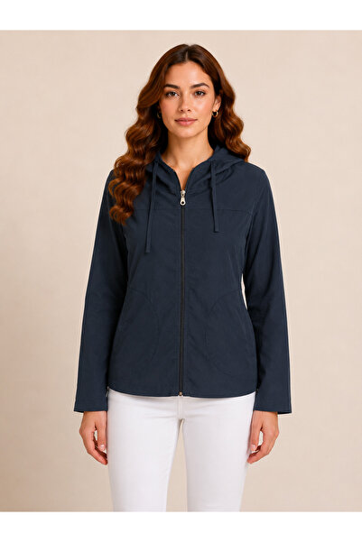 Neden Tekstil Women's Hooded Navy Blue Zippered Sports Jacket