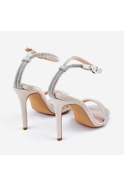 BONO Women's Beige Stone Striped Single Strap Ankle Strap Thin High Heeled Evening Dress Sandals