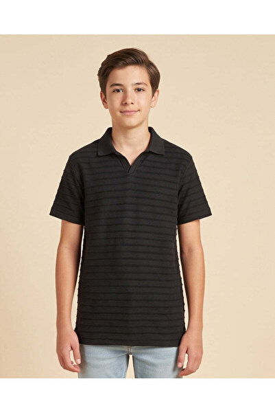 REDTAG Senior Boy Black Stripe Polo T Shirt