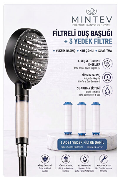mintev PureFlow 6 Fonksiyonlu Filtreli Duş Başlığı El Duşu | 3 Adet Yedek Fil...