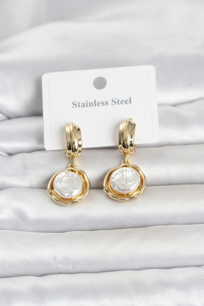 ARMÜZ 316L Steel Gold Color Pearl Detailed Women's Earrings