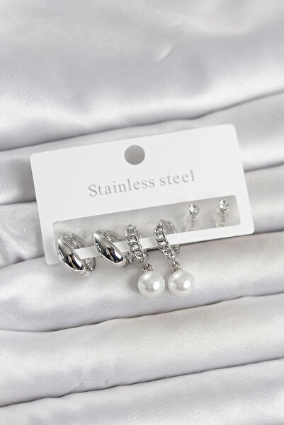 ARMÜZ 316L Steel Silver Color Pearl Hoop Detailed Women's Earring Set