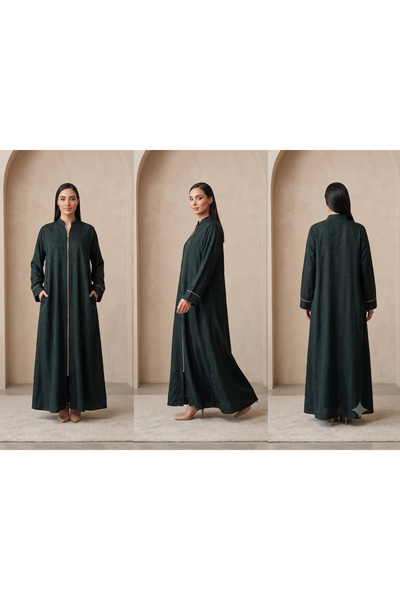 Generic Women's Dark Green Jacquard Zip-Front Long Abaya