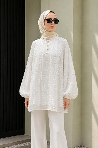 bellura Bağcıklı Düğmeli Astarlı Nakışlı Oversize Keten Tunik