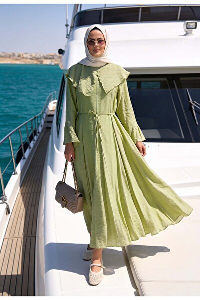 Aselim Hijap Moda Romantik Pamuk Vual Astarlı Elbise –Yeşil