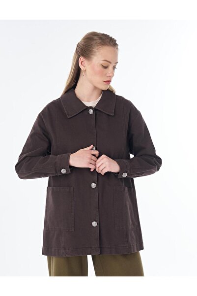Kayra Shiny Buttoned Jacket Dark Brown