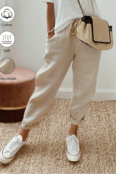 COOL TARZ Women's Linen Blend Elastic Waist Lace-Up Comfortable Fit Pants