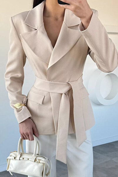 Aryena Stone Women's Double-Breasted Collar Belted Blazer Jacket