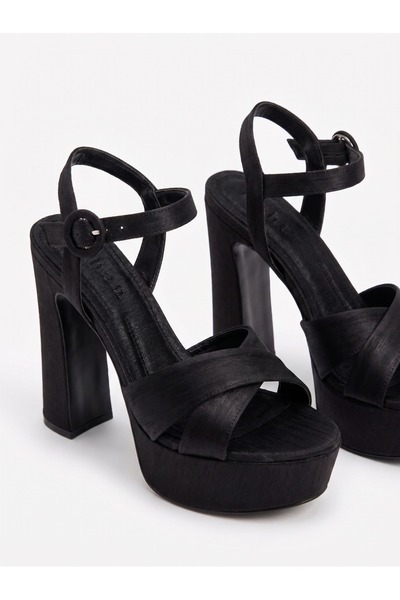 Nubbock Luna Black Cross-Strapped Platform 11cm Heeled Evening Dress (Neolit ...
