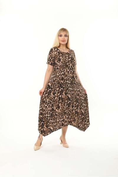 kısmet sepeti Women's Plus Size Viscose Leopard Pattern Stylish Dress