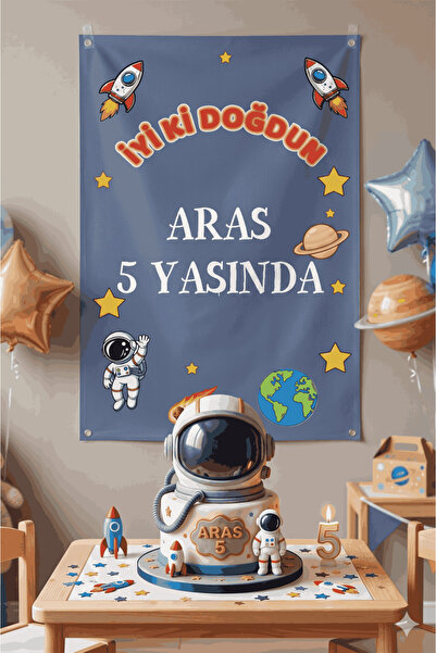 Teknograf Kişiye Özel Uzay ve Astronot Konseptli Doğum Günü Afişi Branda Arka...