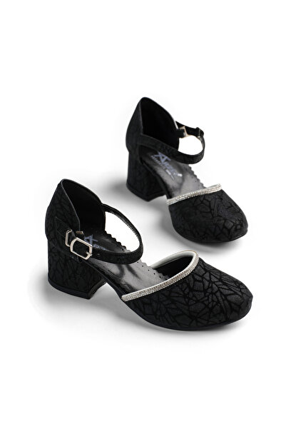 Tonny Black Girl's Black Glittery Children's Heeled Shoes