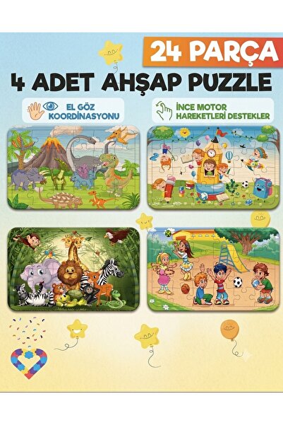 Müjgan Gölçük Yağcı 24 Parçalı Ahşap Puzzle & 4-5 Yaş Eğitici Etkinlik (4 Adet)