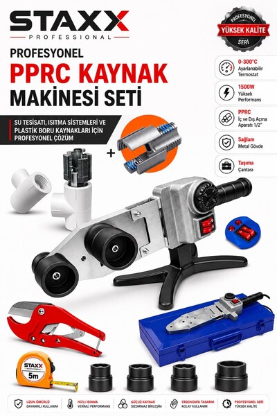 STAXX POWER 1500W PPRC Plastik Boru Kaynak Makinesi Seti Çift Rezistans Isı A...