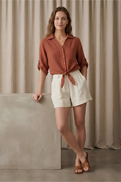 clavia Muslin Fabric Shirt with Tie Detail, Buttoned Short Sleeve Summer Blou...