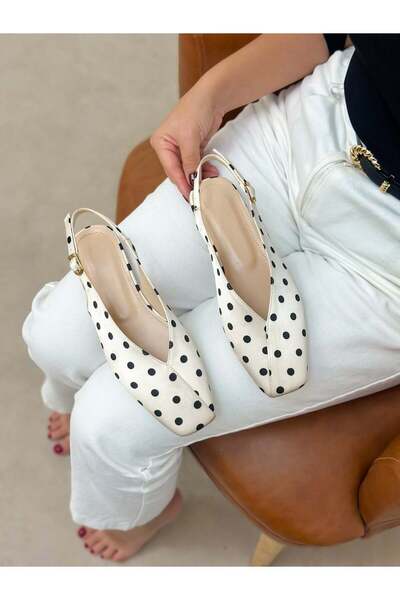 ERVANIN BUTİĞİ Beige Satin (Lorey) Black Polka Dot Buckle Detail Women's Ball...