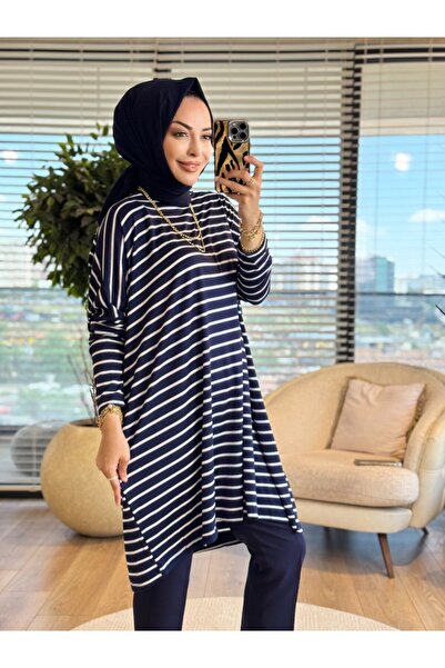 Afili 0723 Wide Striped Tunic Navy Blue