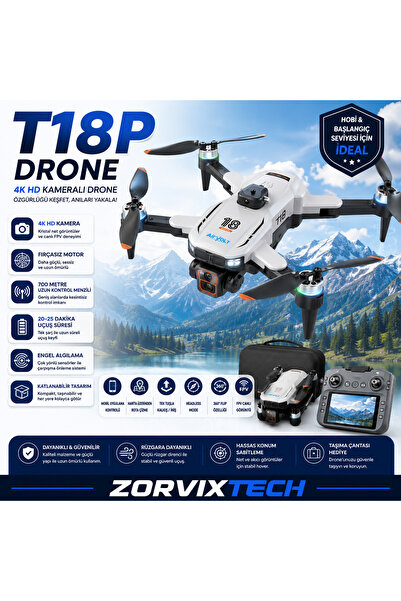 ZorvixTech T18P Uzaktan Kumandalı 4K HD Kameralı Drone Fırçasız Motor Engel T...