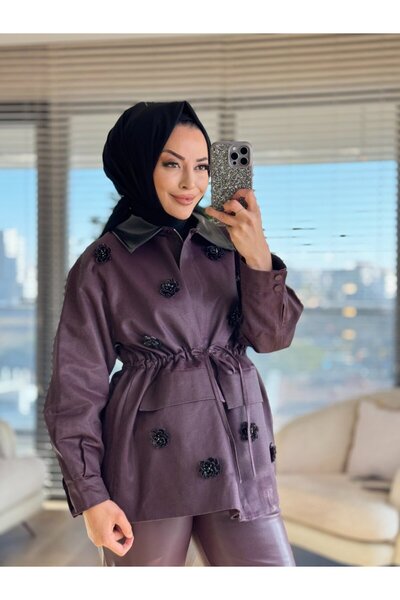 ALANURMODA 32446 سترة برباط عند الخصر مع زخارف زهرية في الأمام بلون البرقوق