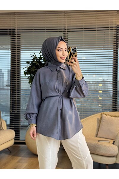ALANURMODA 4464 قميص روباكيه كلاسيكي مخيط باللون الرمادي