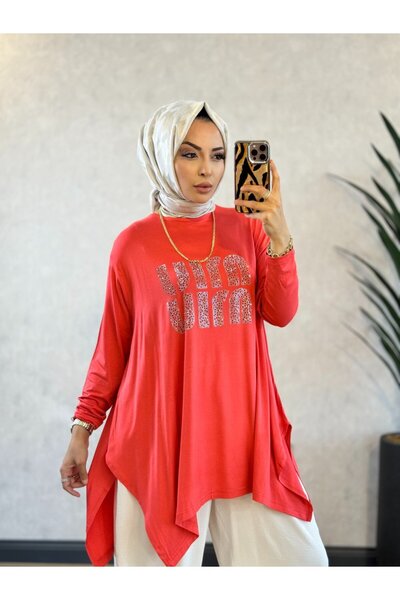 ALANURMODA 24277 تونيك مرجاني مزين بالأحجار على الجهة الأمامية