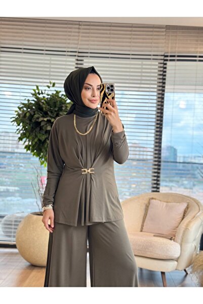 Afili 4422 بدلة مودال مع مشبك على شكل حرف C في الأمام، لون كاكي