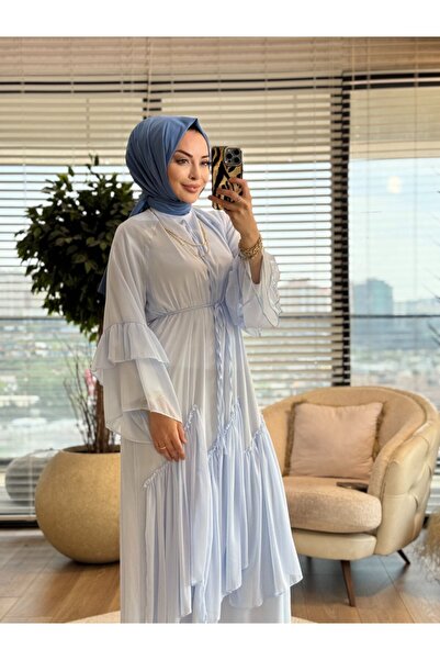 ALANURMODA 25133 فستان شيفون بأكمام وحافة مكشكشة باللون الأزرق