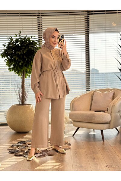 ALANURMODA 7526 Pleated Front Collarless Denim Suit Beige