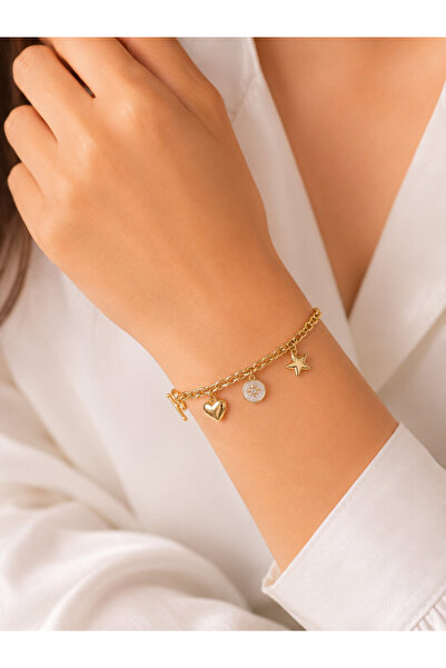 Belasso Xuping Gold Color Detailed Heart Star Charm Women's Bracelet