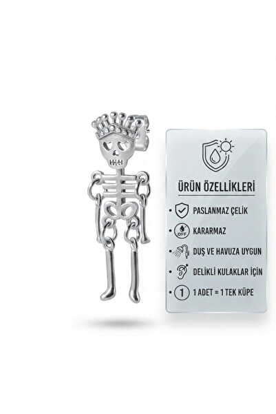 Blisse Piercing Unisex Gray Skeleton Man Figure Dangle Steel Stud Earrings