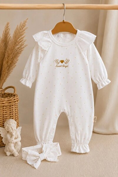 Tuğra Bebe Kız Bebek Sweet Angel Melek Kanatlı Gold Puantiyeli Dantelli Tulum...