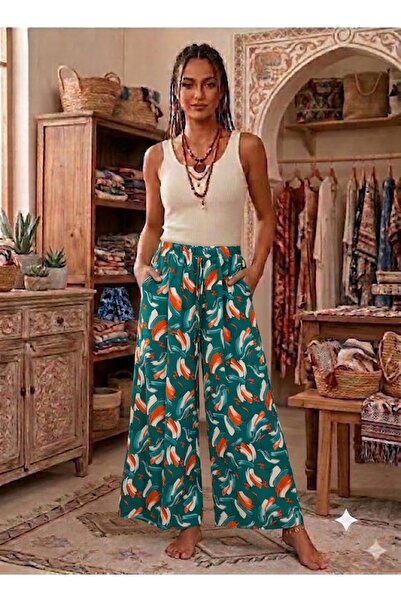 AYASOFYA OTANTIK Women's Multi-Colored Wide-Legged 100% Viscose Trousers with...