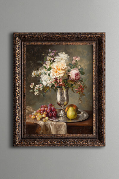epiqart Silver Vase with Flowers and Fruits - Vintage Patterned Painting - Th...