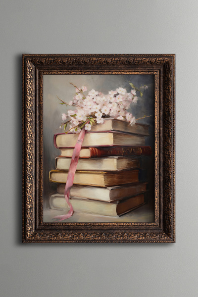 epiqart Cherry Blossoms on Books - Vintage Patterned Painting - Thick Model