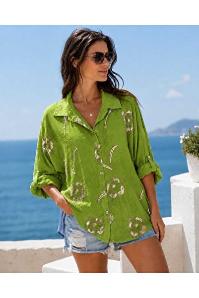 Butik Şans Women's Sequin Detailed Oversize Italian Cotton Shirt
