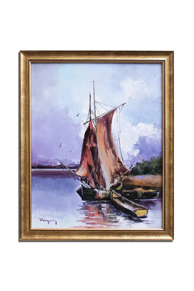 artnova Ръчно рисувана пейзажна картина на платноходка в Дунапренската дельта...