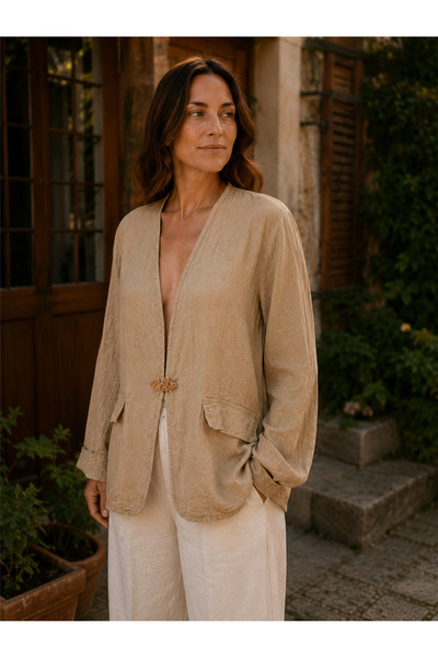 Miss Boheme Beige Color Linen Jacket with Brooch Detail