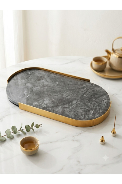 Adeem Oval Silver Marble Tray with Gold Edges 36*18