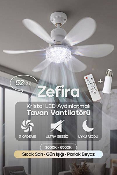 Feny F82 Tavan Vantilatörü Kristal LED Aydınlatmalı Kumandalı Sessiz 6 Kanatl...