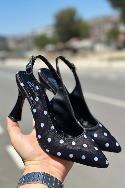 topuksarayı Milano Women's Black and White Polka Dot Pointed Toe Slingback St...