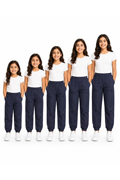MADE Girls' Casual Navy Blue Elastic Waist Pants with Pockets